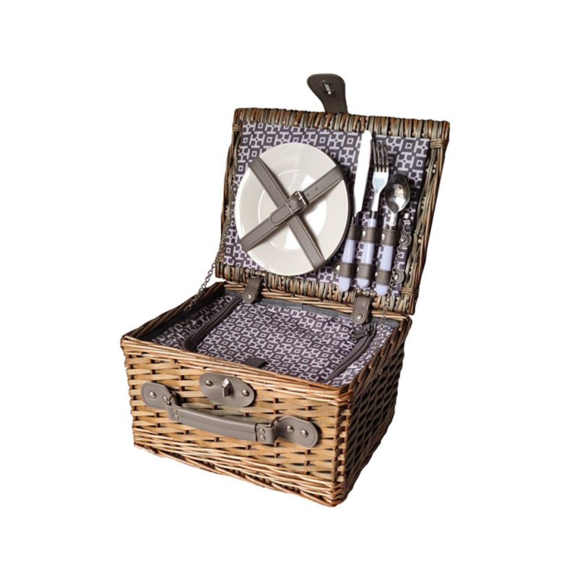 Cos de picnic din rachita naturala impletita pentru 2 persoane, 9 piese, 38x28x18 cm, maro/natur, 1, hectarul.ro