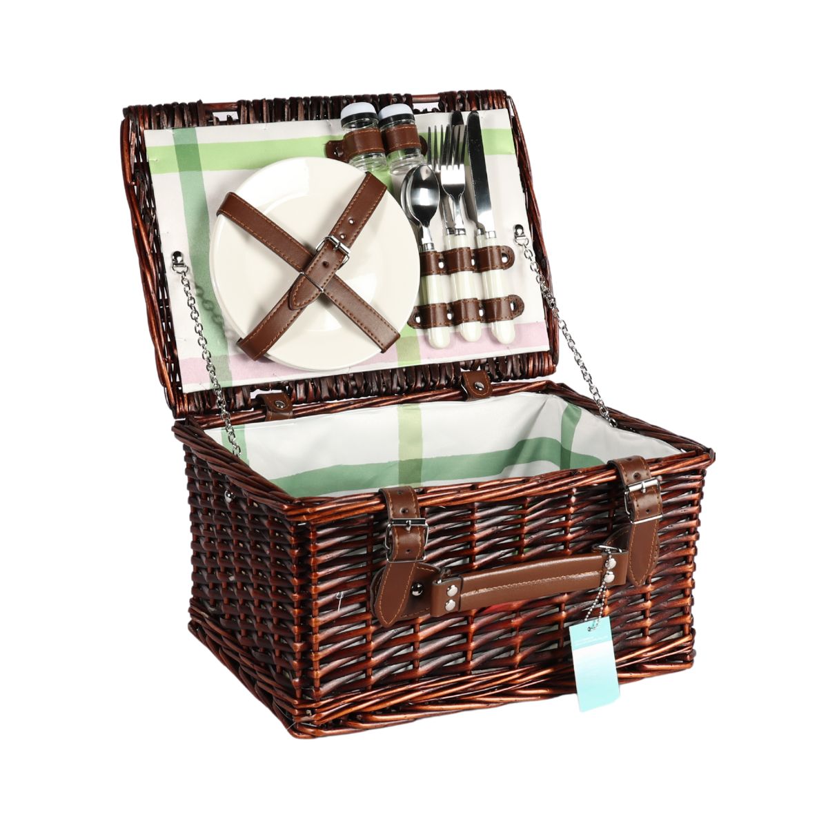 Cos de picnic pentru 2 persoane din rachita naturala maro cu tacamuri si vesela incluse ZQ23-1136, 1, hectarul.ro