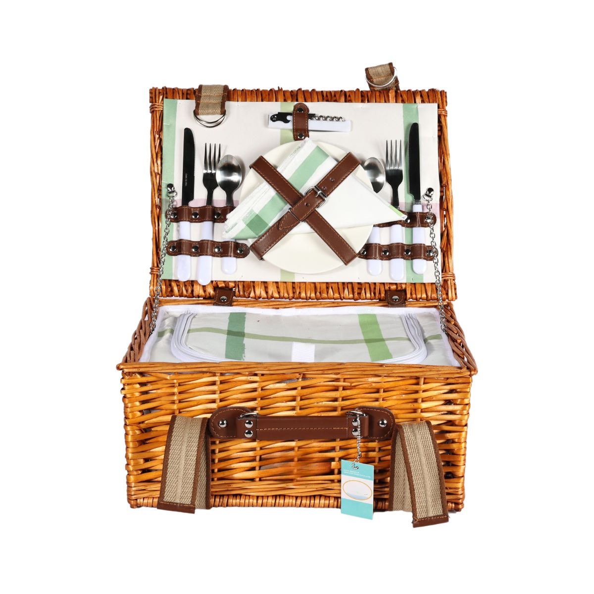 Cos de picnic pentru 2 persoane din rachita naturala maro cu tacamuri si vesela incluse ZQ23-1141, 1, hectarul.ro