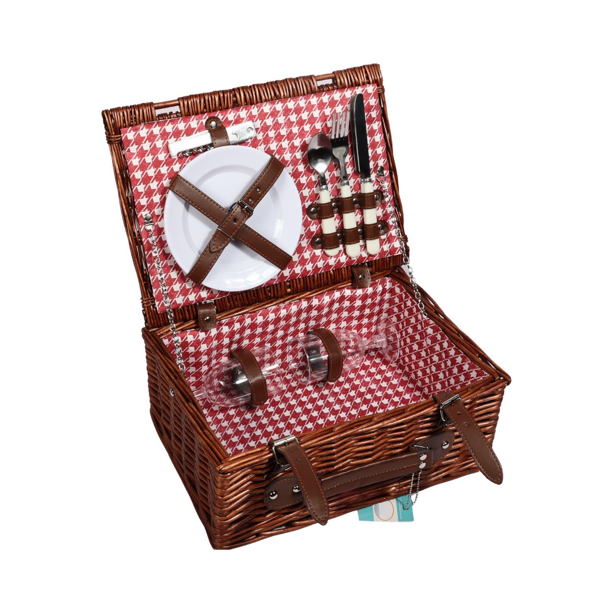 Cos de picnic pentru 2 persoane din rachita naturala maro cu vesela si tacamuri  ZQ23-1199, 1, hectarul.ro