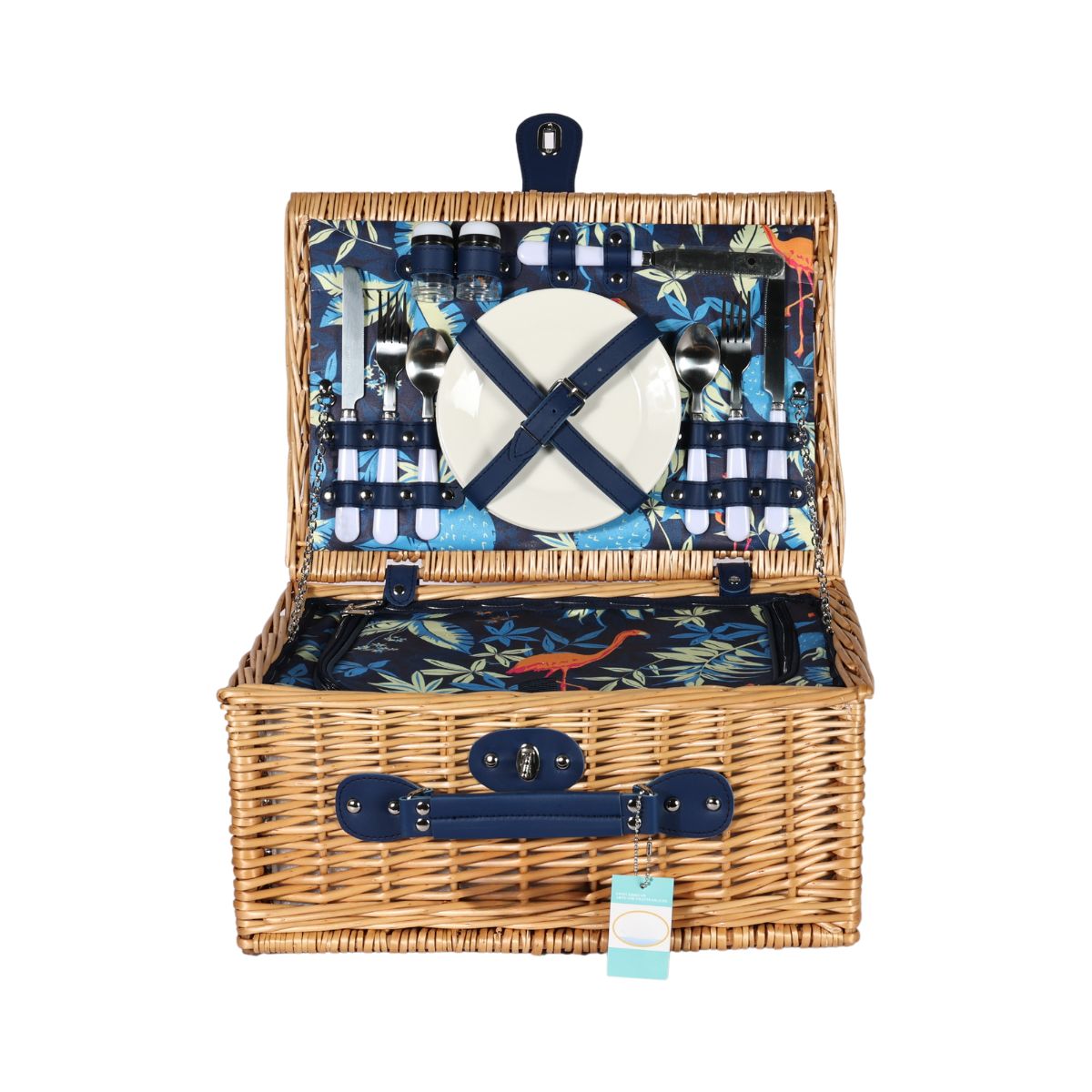 Cos de picnic pentru 2 persoane din rachita naturala maro cu vesela, tacamuri si compartiment frigorific  ZQ23-1147, 1, hectarul.ro