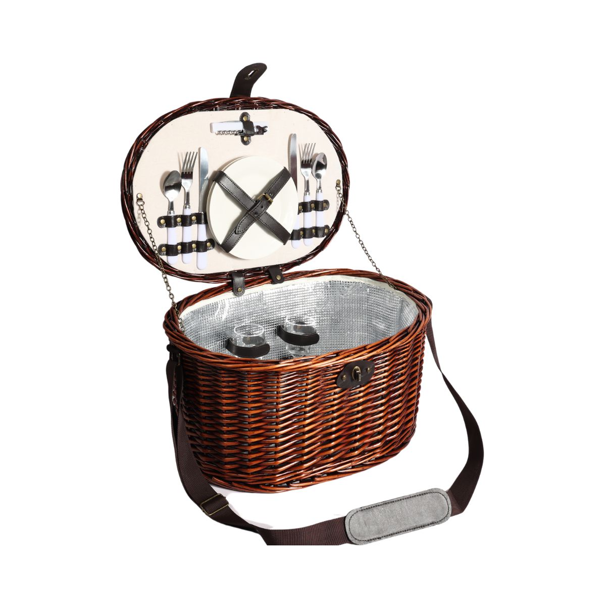 Cos de picnic pentru 2 persoane din rachita naturala maro cu vesela, tacamuri si compartiment frigorific  ZQ23-1240, 1, hectarul.ro