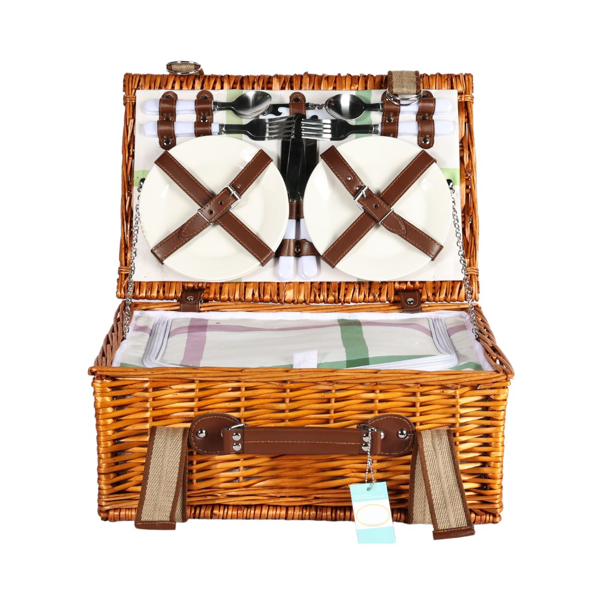 Cos de picnic pentru 4 persoane din rachita naturala maro deschis, cu tacamuri vesela si geanta frigorifica, ZQ23-1137, 1, hectarul.ro