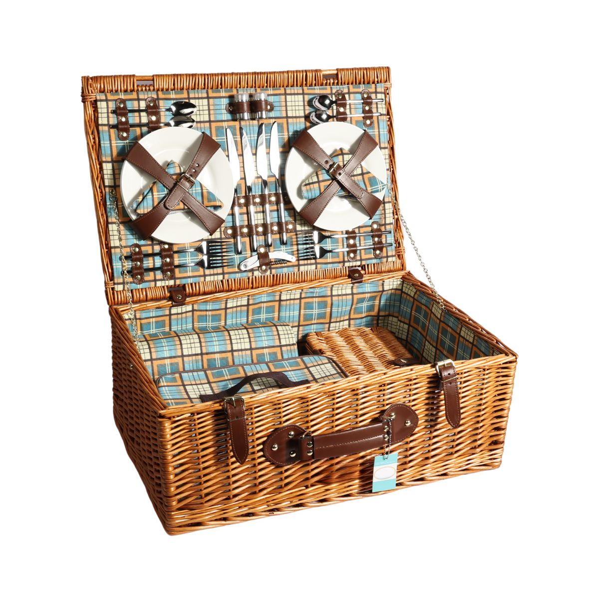 Cos de picnic pentru 4 persoane din rachita naturala maro deschis cu vesela, tacamuri , patura , geanta frigorifca si suport pahare  ZQ23-1216, 1, hectarul.ro