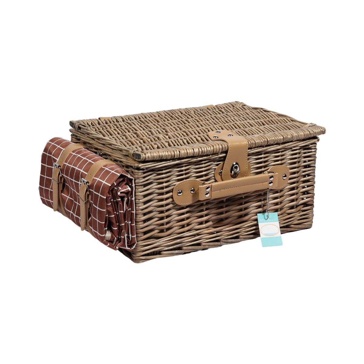 Cos de picnic pentru 4 persoane din rachita naturala maro deschis cu vesela, tacamuri  si patura ZQ23-1201, 1, hectarul.ro