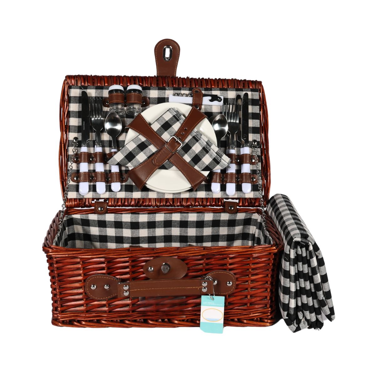 Cos de picnic pentru 4 persoane din rachita naturala maro inchis cu vesela, tacamuri si patura incluse ZQ23-1154, 1, hectarul.ro