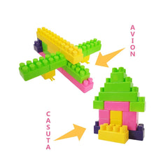 Cuburi de constructie din plastic, multicolore, in saculet, 140 piese HT 1042