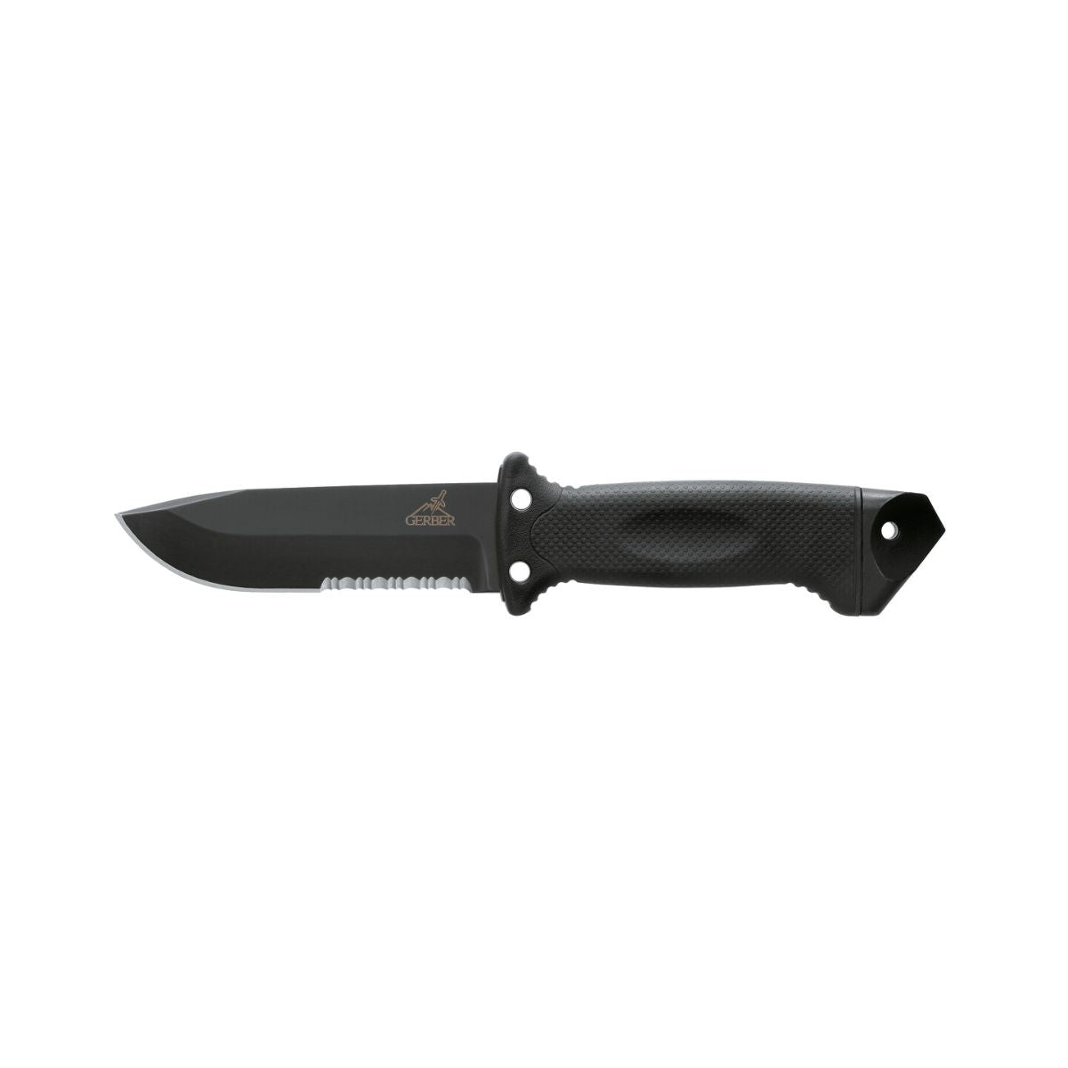 Cutit de supravietuire Gerber cu lama fixa zimtata si toc pentru picioare, lungimea lamei 12,3 cm, LMF II Infantry Fixed Blade, otel carbon 420HC, negru, 1, hectarul.ro