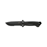 Hectarul - Cutit de supravietuire Gerber cu lama fixa zimtata si toc pentru picioare, lungimea lamei 12,3 cm, LMF II Infantry Fixed Blade, otel carbon 420HC, negru