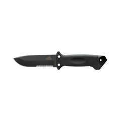 Cutit de supravietuire Gerber cu lama fixa zimtata si toc pentru picioare, lungimea lamei 12,3 cm, LMF II Infantry Fixed Blade, otel carbon 420HC, negru