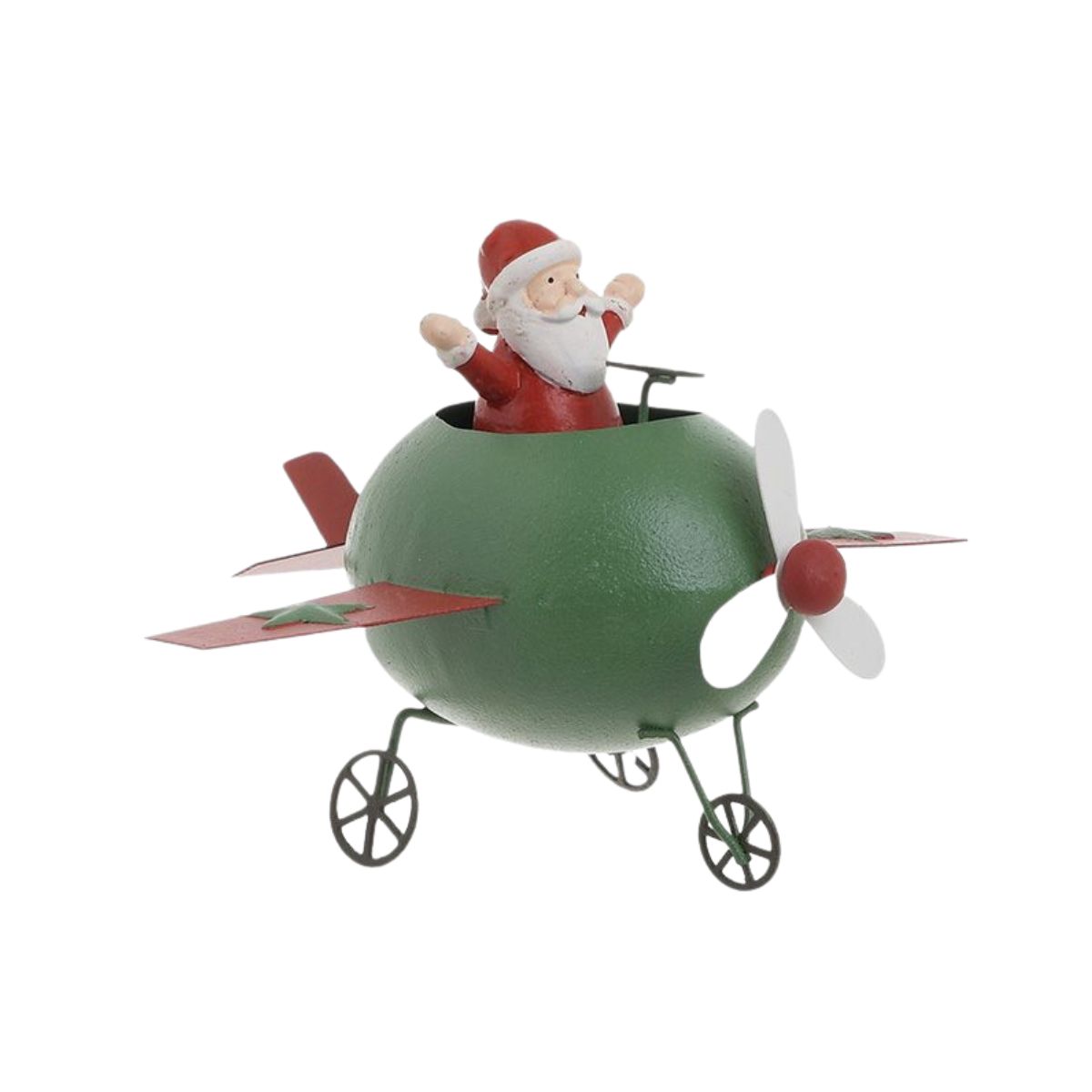 Decoratiune Craciun Avion cu Mos , 18x14x10 cm, verde/rosu , metal, 1, hectarul.ro