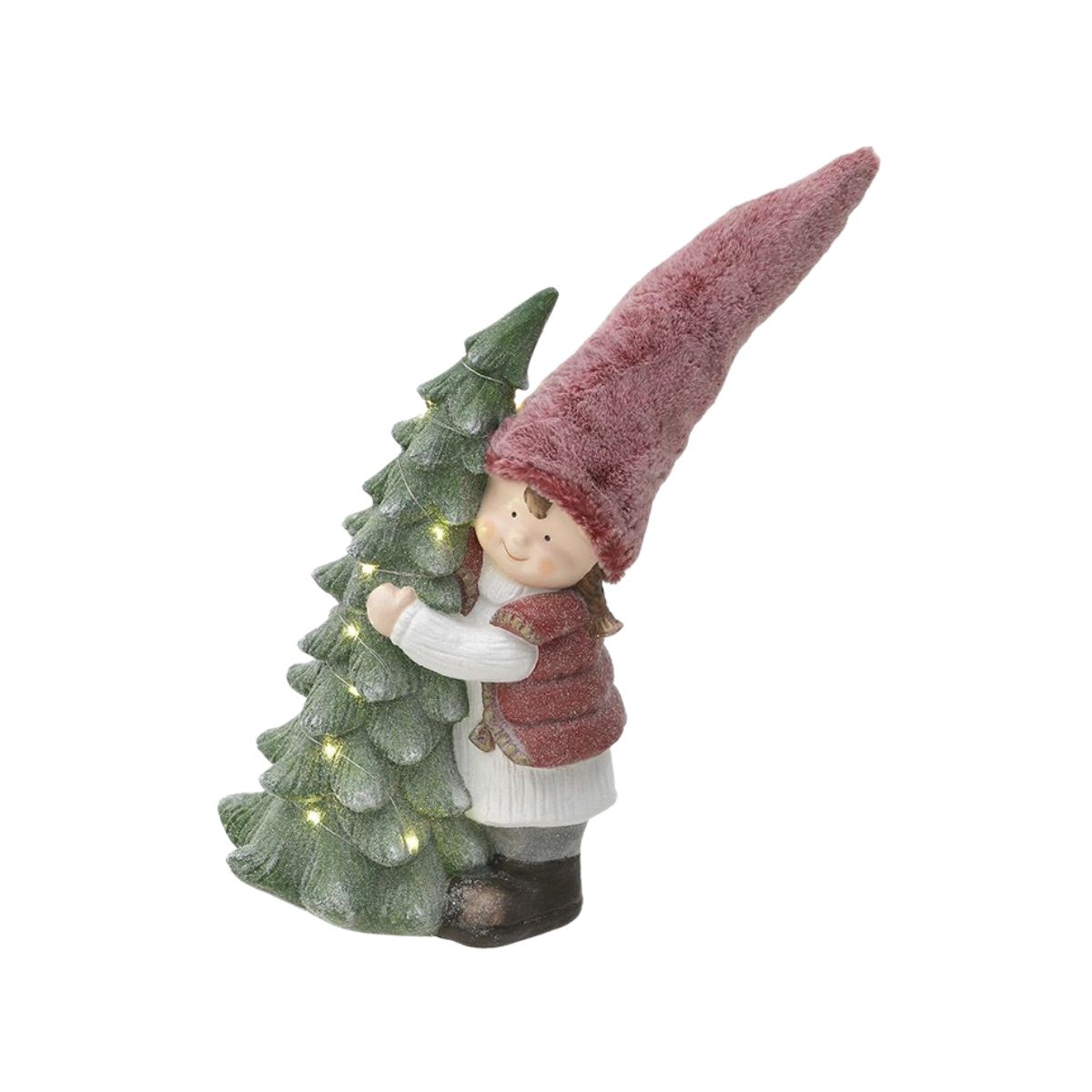 Decoratiune Craciun Copil cu bradut si leduri, 33x20x67 cm, verde/rosu, ceramica, 1, hectarul.ro