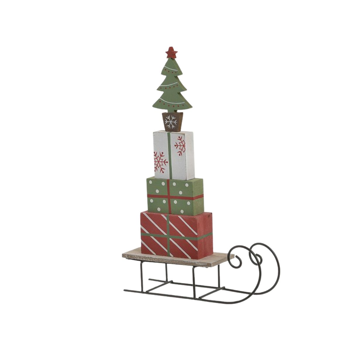 Decoratiune Craciun Saniuta cu cadouri, 19x6x30 cm, multicolor, lemn/metal, 1, hectarul.ro