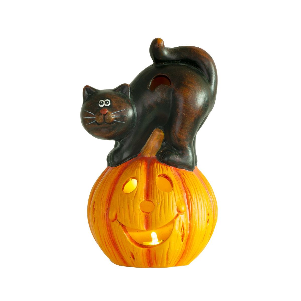Decoratiune Dovleac cu pisica MagicHome Nature, ceramica, 12 x 11 x 22 cm, portocaliu, 1, hectarul.ro