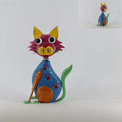 Decoratiune pentru gradina din metal vopsit muticolor Pisicuta sezand