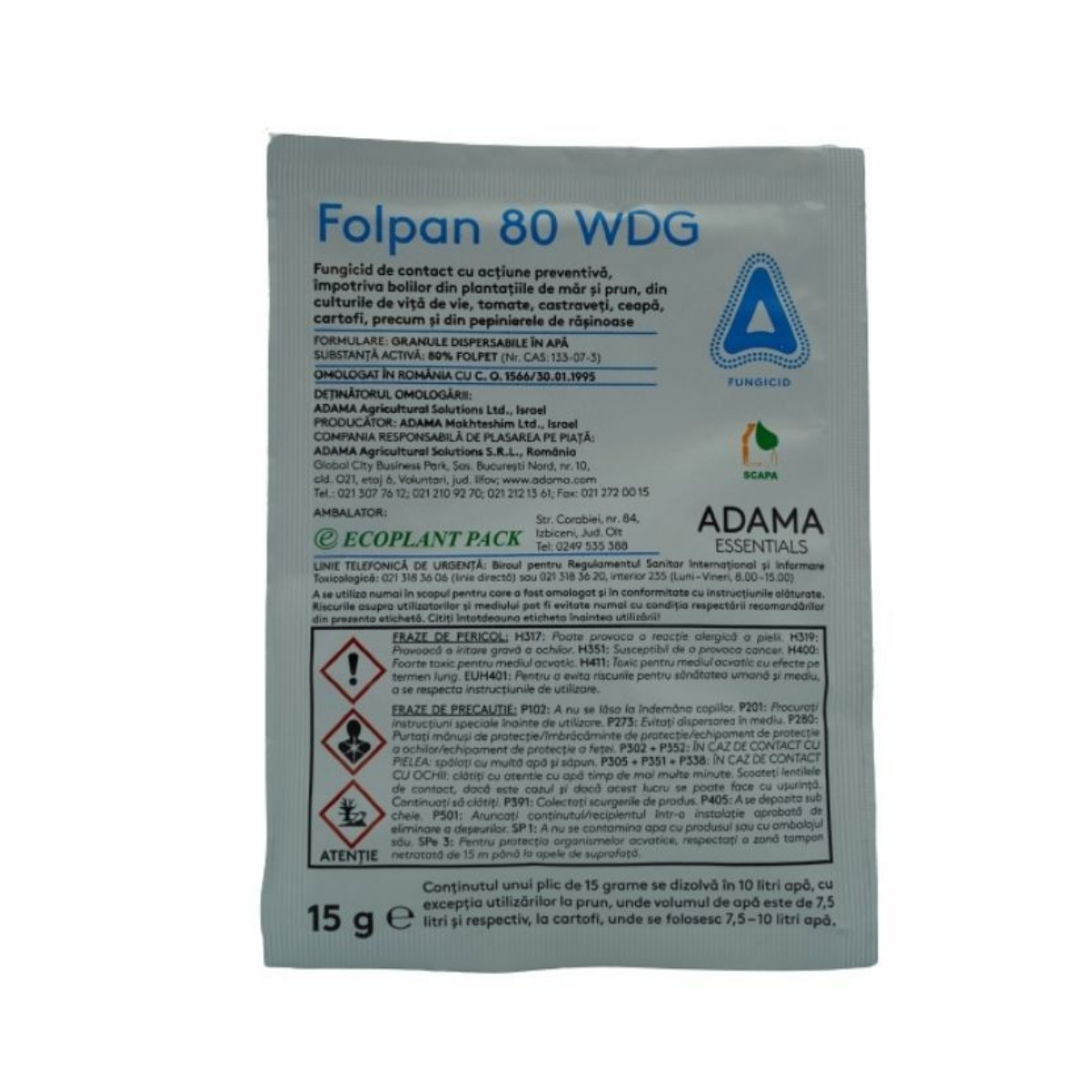 Fungicid pentru vita de vie, legume si pomi fructiferi, 15 grame, cartof Folpan 80 WDG, ADAMA AGRICULTURAL, 1, hectarul.ro