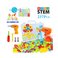 Jucarie educativa si interactiva STEM, set de constructie puzzle din ABS cu bormasina pentru inginerie 2D si 3D cu 237 piese, carcasa portabila, +3, WW2004