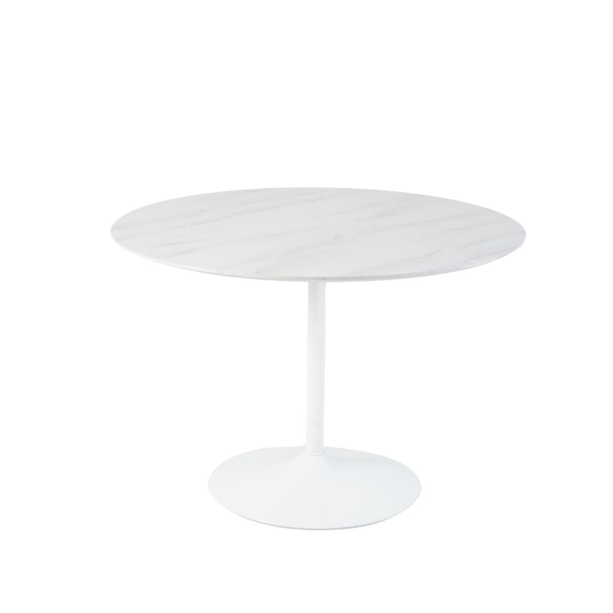 Masa de dining rotunda cu picior metalic si blat din MDF de culoare alba, aspect marmura, 110 cm diametru, 75 cm inaltime, 1, hectarul.ro