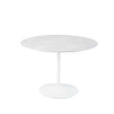 Hectarul - Masa de dining rotunda cu picior metalic si blat din MDF de culoare alba, aspect marmura, 110 cm diametru, 75 cm inaltime