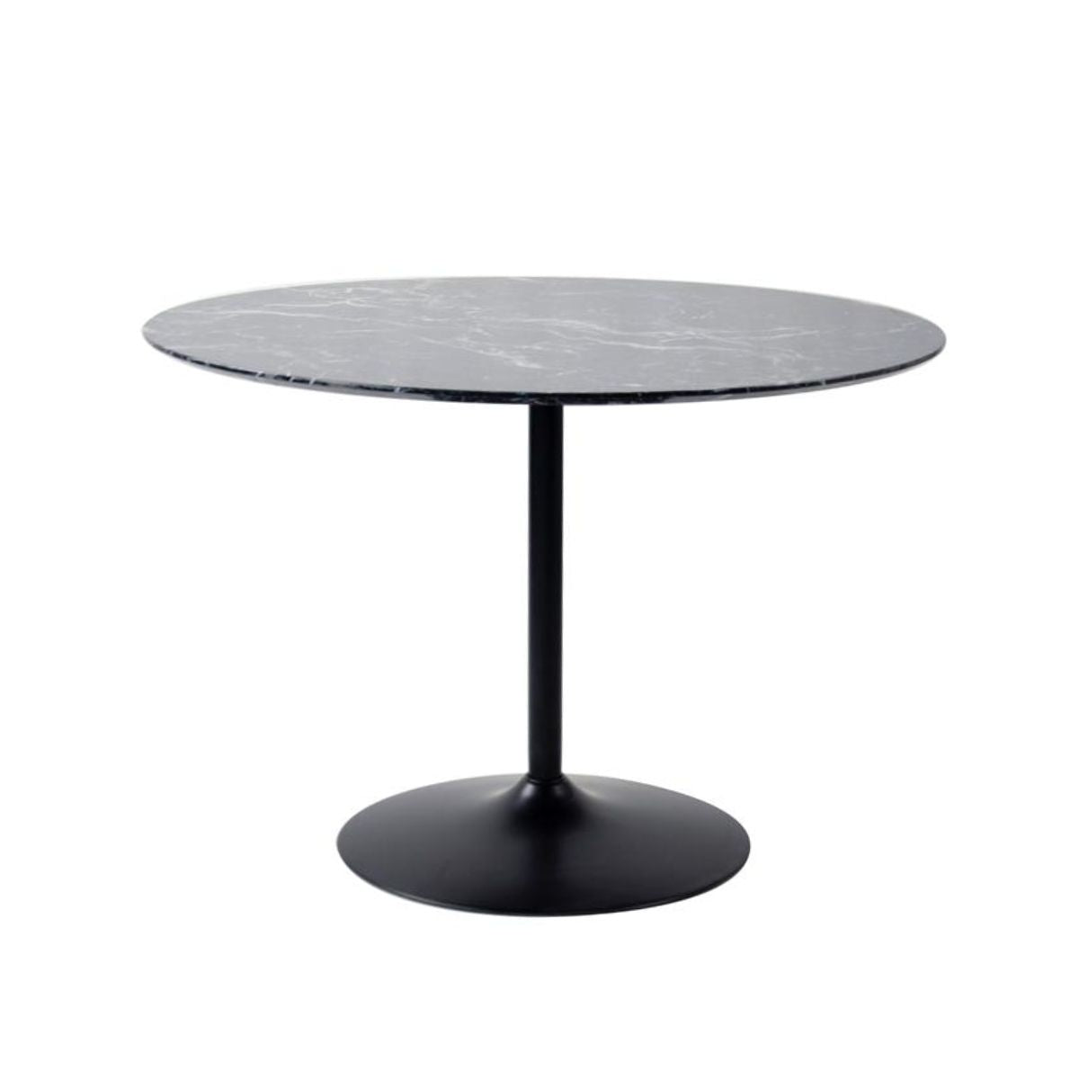 Masa de dining rotunda cu picior metalic si blat din MDF de culoare antracit, aspect marmura, 110 cm diametru, 75 cm inaltime, 1, hectarul.ro