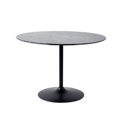 Masa de dining rotunda cu picior metalic si blat din MDF de culoare antracit, aspect marmura, 110 cm diametru, 75 cm inaltime