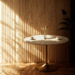 Masa de dining rotunda cu picior metalic si blat din MDF de culoare antracit, aspect marmura, 110 cm diametru, 75 cm inaltime