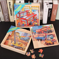 Puzzle 3 in 1 din lemn in cutie cu tematica - Vehicule constructii, WD 9002E
