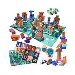 Puzzle cuburi din lemn educativ, masini, 181 buc