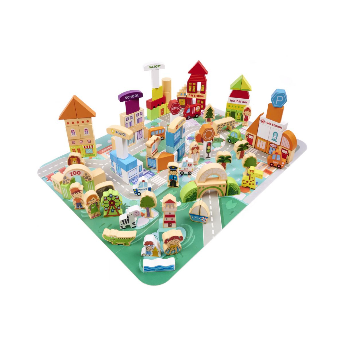 Puzzle cuburi din lemn educativ, oras, 120 buc, 1, hectarul.ro
