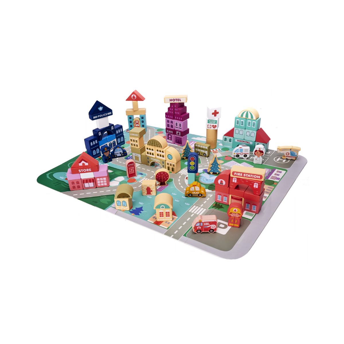 Puzzle cuburi din lemn educativ, oras, 100 buc, 55x42cm, 1, hectarul.ro