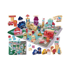Puzzle cuburi din lemn educativ, oras, 100 buc, 55x42cm
