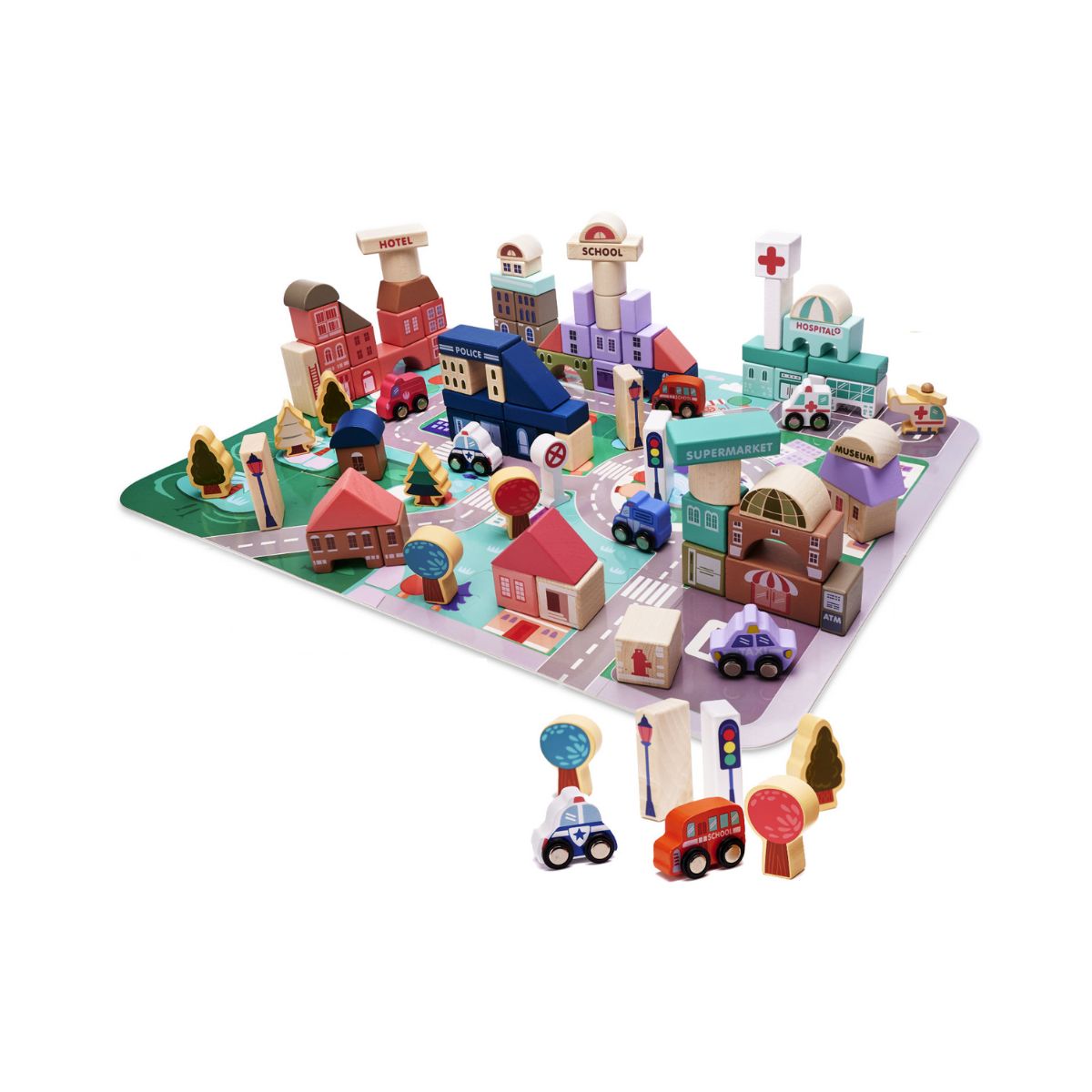 Puzzle cuburi din lemn educativ, oras, 135 buc, 55x42 cm, 1, hectarul.ro