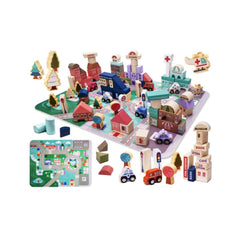 Puzzle cuburi din lemn educativ, oras, 135 buc, 55x42 cm