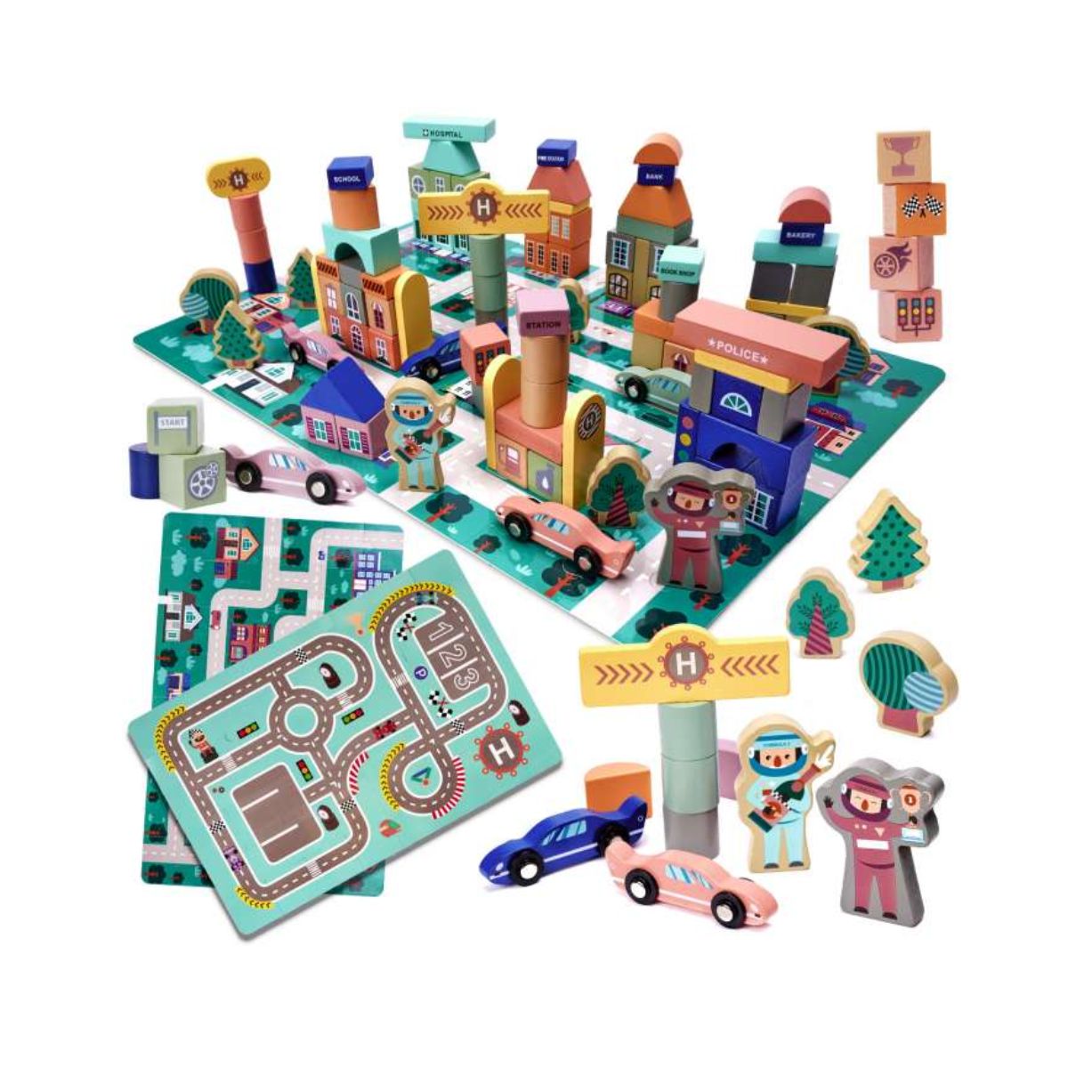 Puzzle cuburi din lemn educativ, pista de curse, 160 buc, 59x39cm, 1, hectarul.ro