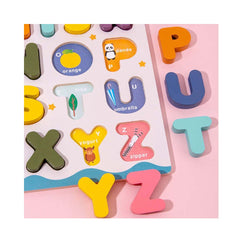 Puzzle incastru din lemn 3D cu litere mari de tipar si ilustratii, in limba engleza, 26 piese, WD2074-B