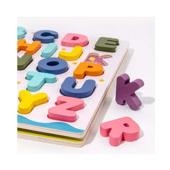 Puzzle incastru din lemn 3D cu litere mari de tipar si ilustratii, in limba engleza, 26 piese, WD2074-B