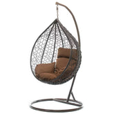 Hectarul - Scaun suspendat tip scoica din ratan, terasa/ balcon, perne maro, cadru otel maro, 105x105x196 cm