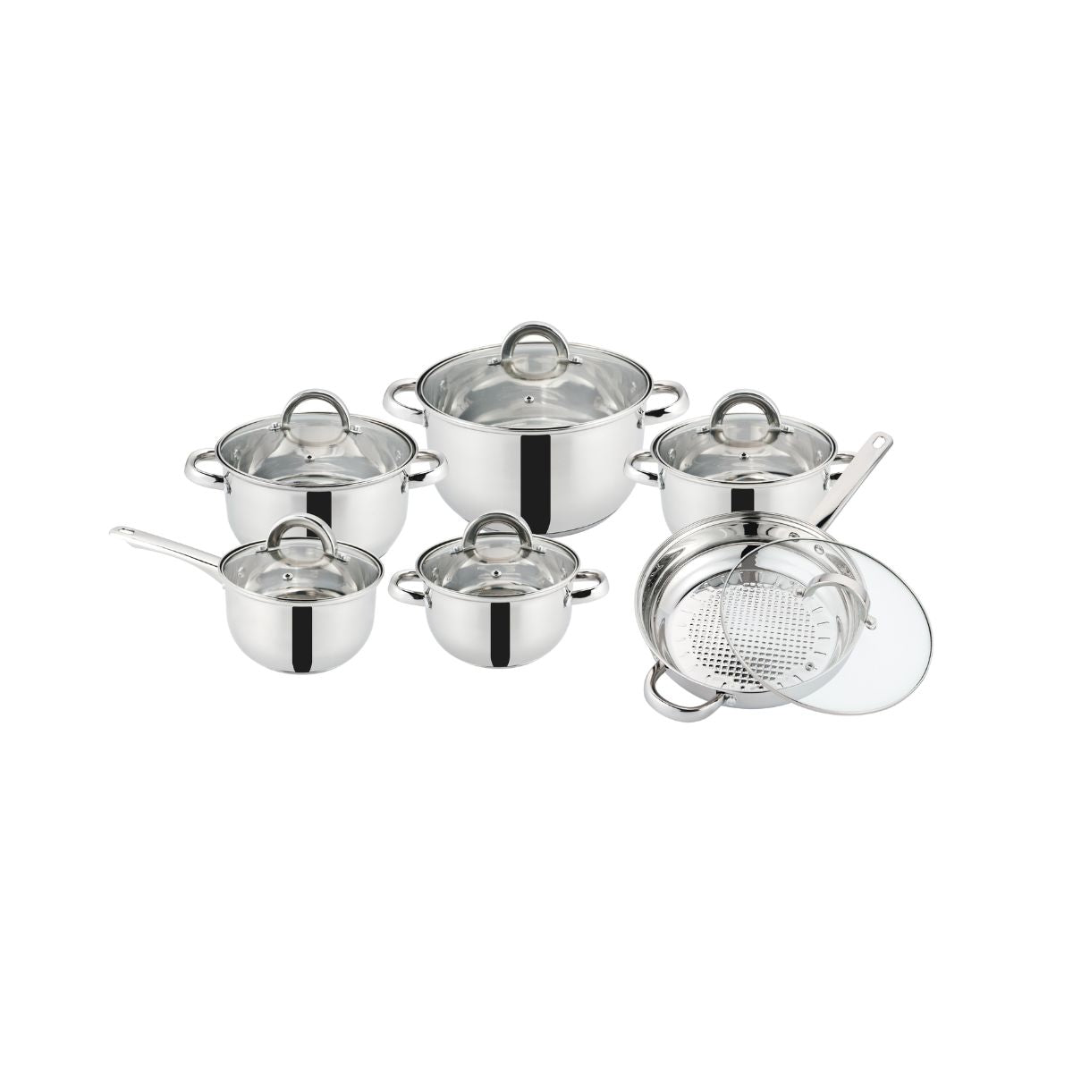 Set 12 piese , 6 vase din inox, compatibile cu plita cu inductie, cu capace din sticla, Grunberg GR2441, 1, hectarul.ro