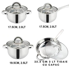 Set 12 piese , 6 vase din inox, compatibile cu plita cu inductie, cu capace din sticla, Grunberg GR2441