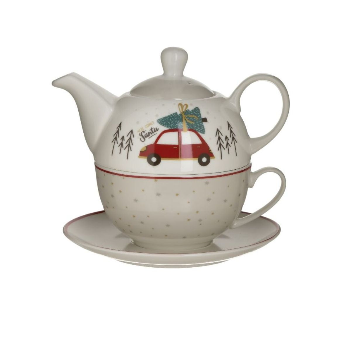 Set ceainic si ceasca din portelan, motiv Craciun, Alb, 380CC/250CC 15X15X14 cm, INART, 1, hectarul.ro