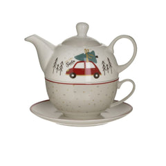 Set ceainic si ceasca din portelan, motiv Craciun, Alb, 380CC/250CC 15X15X14 cm, INART