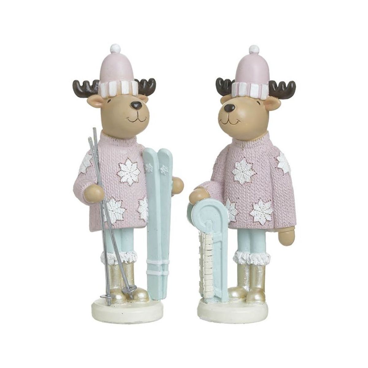 Set 2 decoratiuni Craciun roz/albastru pastel din polirasina 18 cm Skiing Reindeer Inart, 1, hectarul.ro