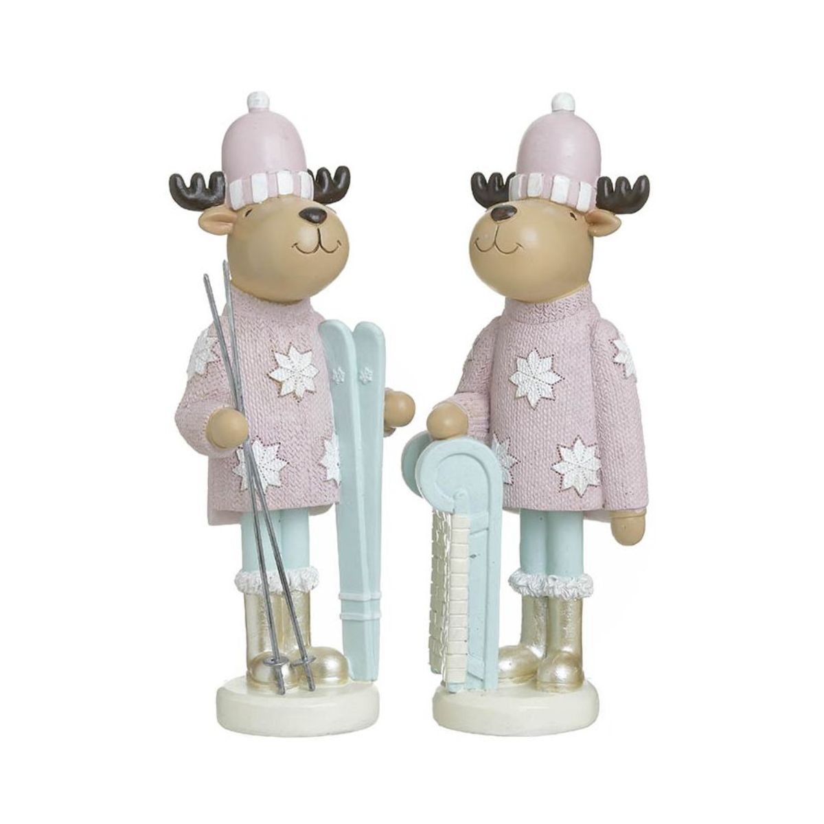 Set 2 decoratiuni Craciun roz/albastru pastel din polirasina 25 cm Skiing Reindeer Inart, 1, hectarul.ro