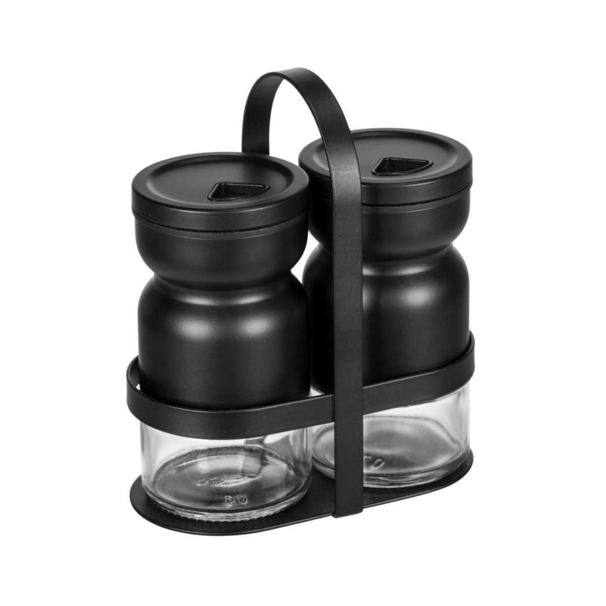 Set 2 recipiente pentru condimente, cu suport, din sticla si metal, Melli Wenko, 1, hectarul.ro