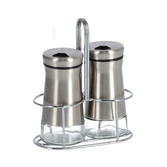 Set 2 recipiente pentru sare si piper, cu suport, argintiu, din sticla si inox, 110 ml, Salt/Pepper Shaker Zeller