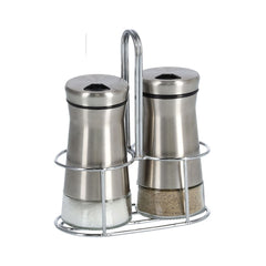 Set 2 recipiente pentru sare si piper, cu suport, argintiu, din sticla si inox, 110 ml, Salt/Pepper Shaker Zeller