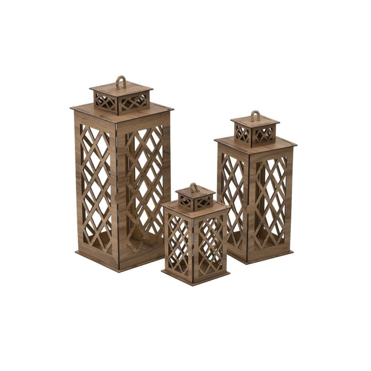 Set 3 felinare decorative Inart , din lemn natural, maro, 1, hectarul.ro