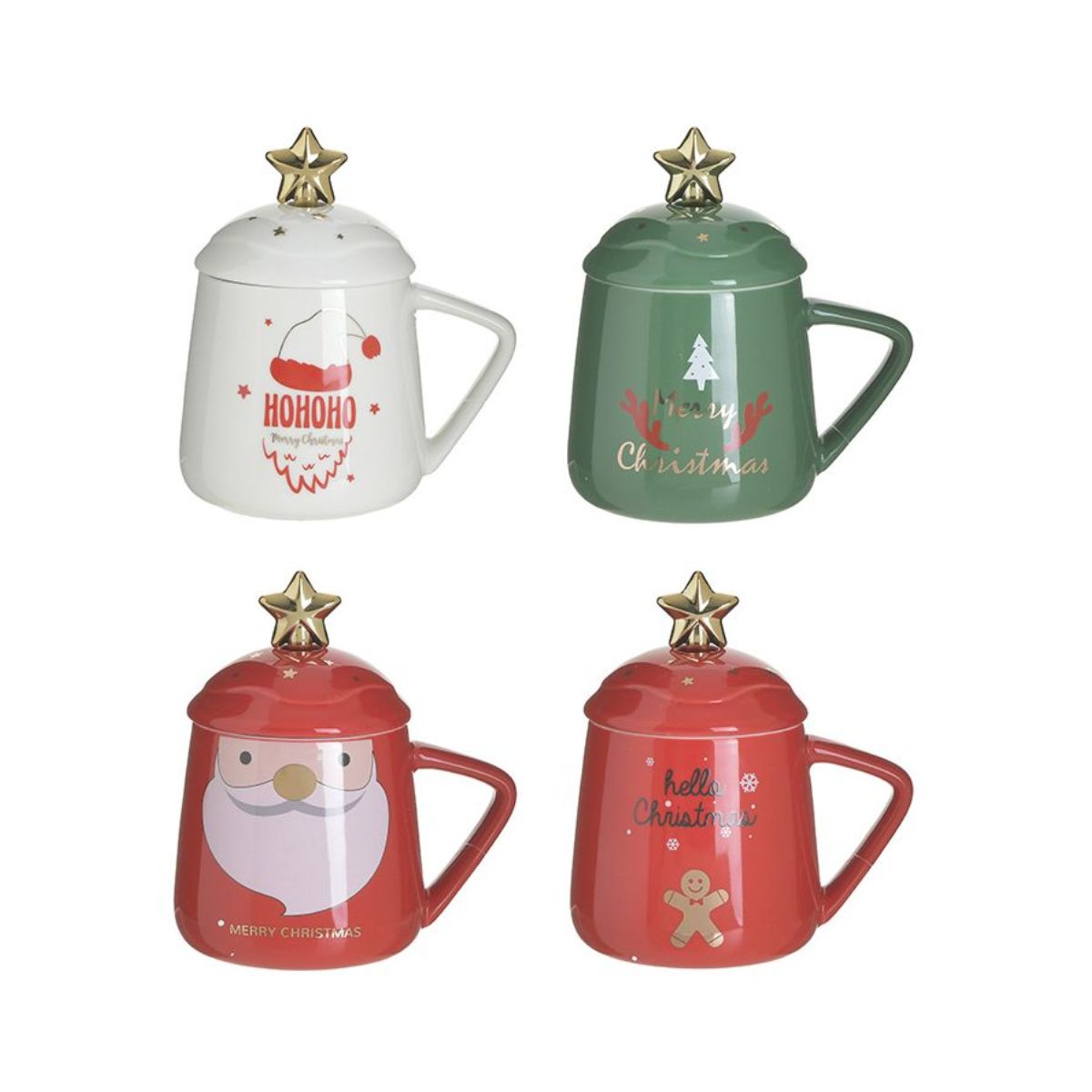 Set 4 cani ceramice cu capac si lingurita XMAS 400cc 13X9X15 Inart, 1, hectarul.ro
