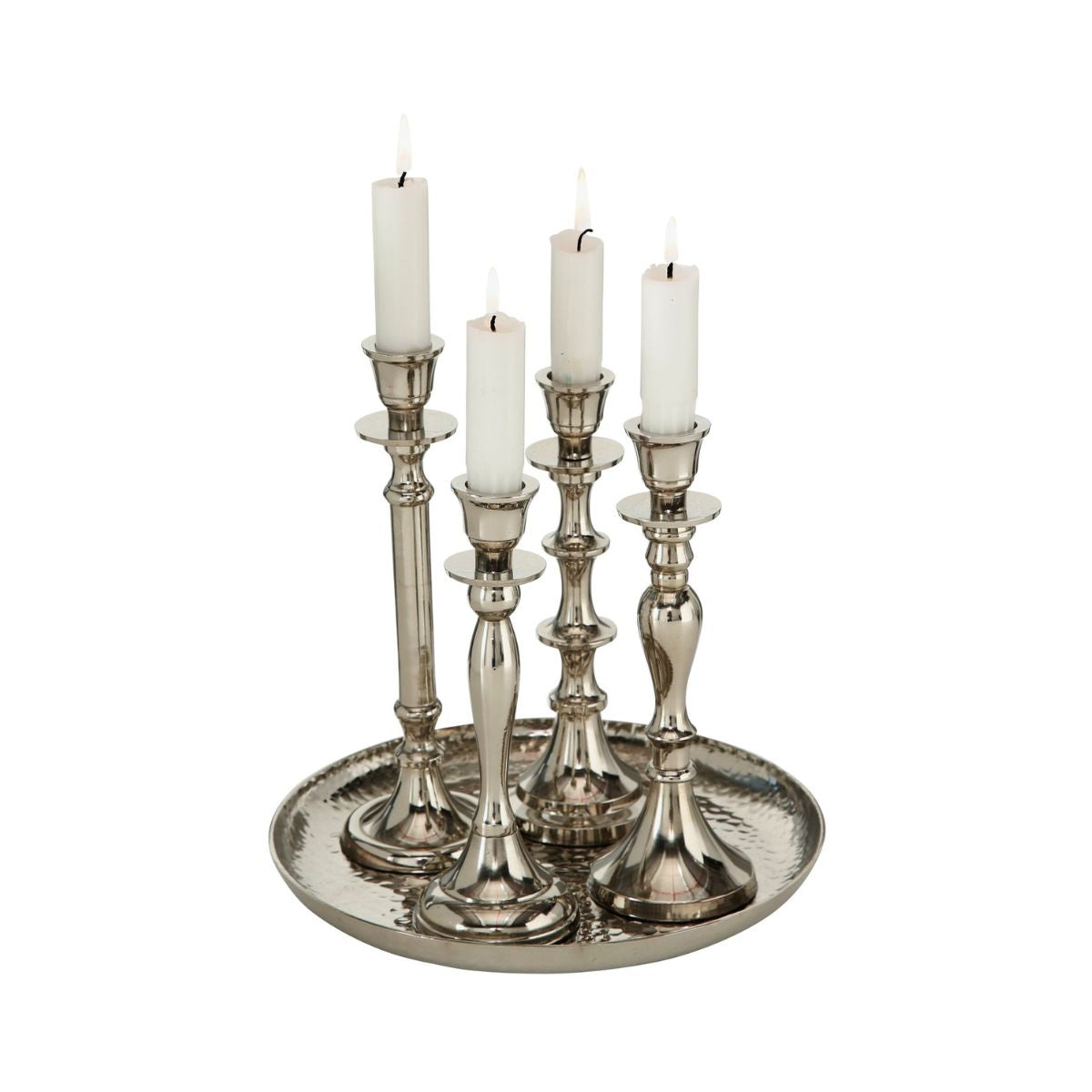 Set 4 suporturi de lumanari cu tava Ø23 cm, din metal argintiu, Zeus Boltze, 1, hectarul.ro