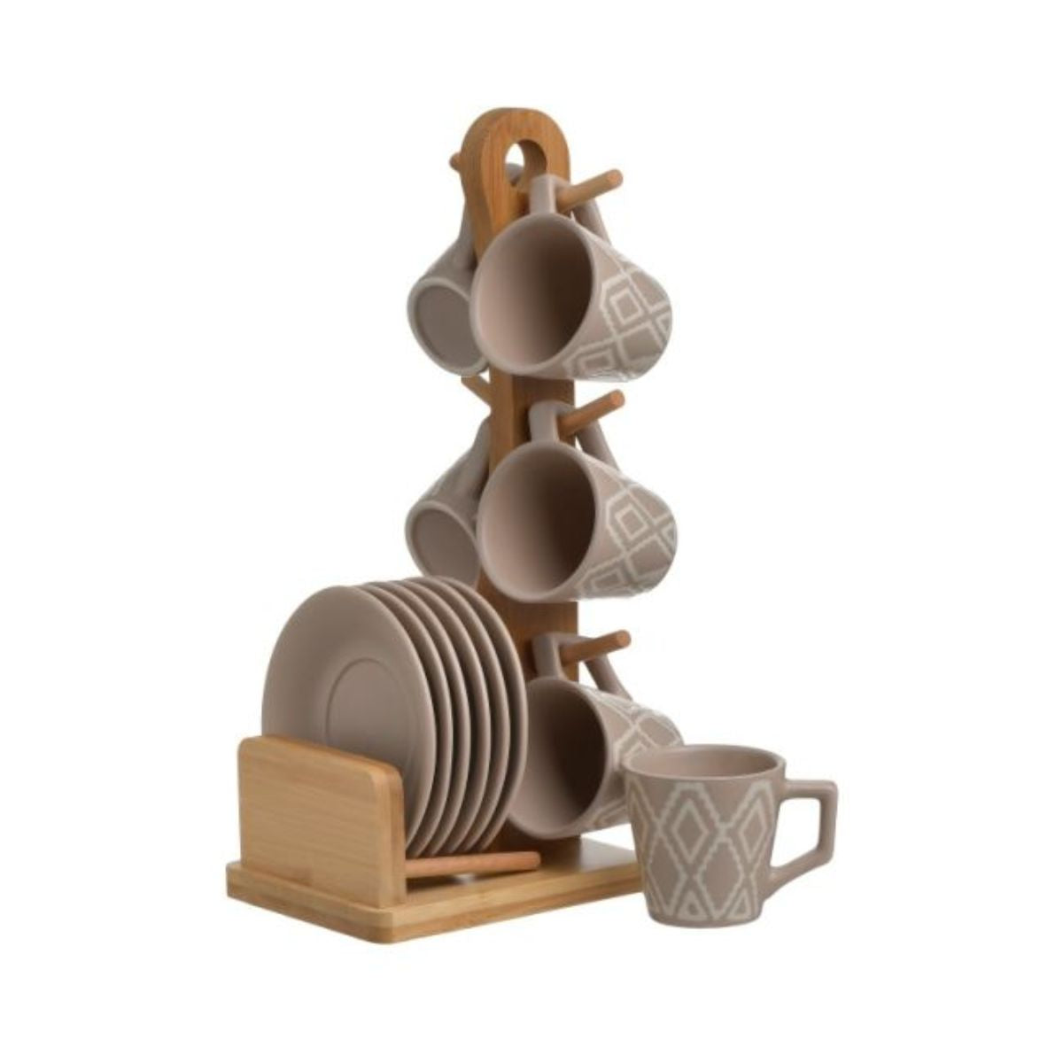 Set 6 cesti de portelan pentru cafea cu farfuriuta si suport de lemn de culoare bej cu modele crem, 1, hectarul.ro